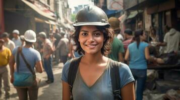 Foto av kvinna arbetstagare leende ser kamera. generativ ai