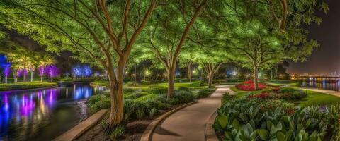 horisontell anamorf visa natt trädgård parkera miljö fotorealistisk för bakgrund skapas med ai generativ foto