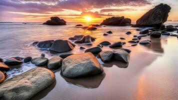 landskap begrepp bakgrund av skön stenar på de strand på solnedgång skapas med ai generativ foto