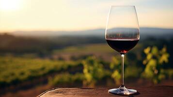 närbild av glas av röd vin reflekterande vingård landskap erbjudande lugn atmosfär ai generativ foto