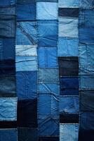 kreativ patchwork av denim texturer i olika nyanser av blå, idealisk för ungdomscentrerad mode annonser ai generativ foto