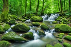 naturskön naturlig flod landskap förbi grön lövverk av träd i de landsbygden skog skapas med ai generativ foto