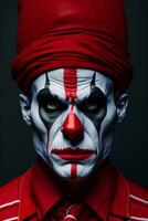 skrämmande halloween clown, porträtt av en olycksbådande röd-dräkt gycklare, ai genererad foto