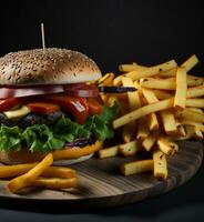 utsökt nötkött burger och franska frites med smältande ostar på trä- tabell, ai genererad foto