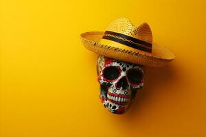 mexikansk socker skalle med sombrero och hatt på gul bakgrund med copy foto