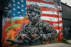 en gata konst mural graffiti målning av en soldat med en hjälm på de vägg foto