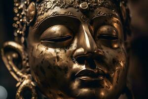 stänga upp av en gyllene staty av en buddha i tempel foto