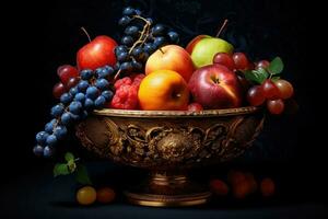 dekorerad slösa skål av blanda frukter, generativ ai foto