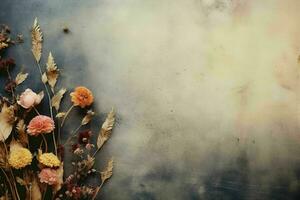 torkades blommor på texturerad bakgrund med kopia Plats foto
