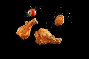 flygande element av friterad kyckling med tomater och persilja, generativ ai foto