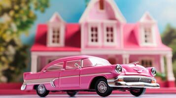 rosa leksak klassisk bil på de bakgrund av en suddig dockhus. leksak värld foto