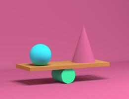 3d framställa av balansering geometrisk former. boll, kon och cylinder. balans. foto