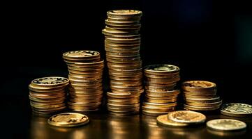 lugg av guld mynt. stack av mynt. kontanter valuta på en svart bakgrund. ai genererad foto
