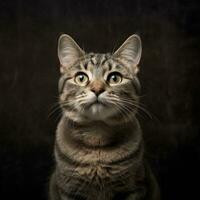 porträtt av en katt för katt mat reklam. selektiv fokus. de munkorg av en brun inhemsk katt. generativ ai foto