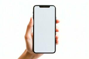 en caucasian kvinna hand innehav en smartphone mobil telefon isolerat på en vit bakgrund med copy foto