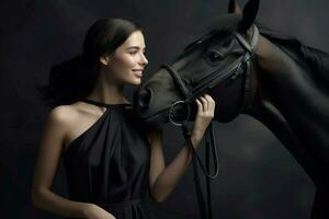 kvinna svart häst. generera ai foto