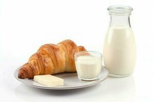 flaska mjölk croissant. generera ai foto
