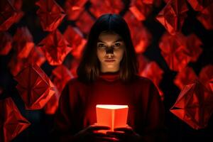 flicka innehav papper i röd ljus i de stil av filma noir, generativ ai foto