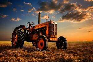 traktor stående stolt i de bruka fält. generativ förbi ai foto