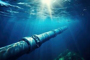 metall rörledning i blå hav, petroleum produktion och energi tillförsel foto