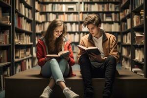 universitet studenter läsning böcker i bibliotek för forskning. foto