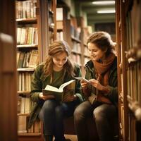 universitet studenter läsning böcker i bibliotek för forskning. foto