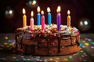 chocholate droppande Lycklig födelsedag kaka, generativ ai foto