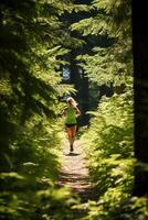 skog sprinta - fångande de löpares viljestyrka mitt i natur ai generativ foto