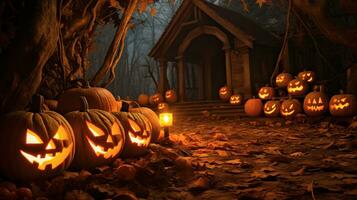 säsong- magi fångad i ljus detaljer av besatt hus, jack-o-lanterns, och höst löv ai generativ foto