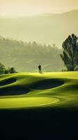 erfarenhet av golf mitt i de omfattande vidd av natur och vackert belyst landskap ai generativ foto