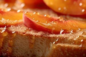 persika rostat bröd, makro skott av en färsk frukost med droppande honung, ai genererad foto