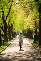 sorglös kvinna åtnjuter en cykel rida genom en frodig grön parkera fattande vår vitalitet ai generativ foto