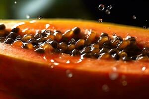 papaya rostat bröd, makro skott av en färsk frukost med droppande honung, ai genererad foto