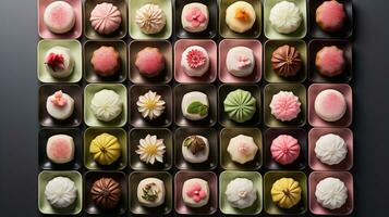 generativ ai, japansk traditionell konfektyr kaka wagashi, olika typer av sötsaker foto