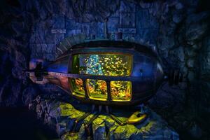 årgång gammal under vattnet u-båt med fiskar inuti på oceanarium utställning. foto