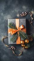 fira jul med gran grenar och meningsfull gåvor, ai genererad foto