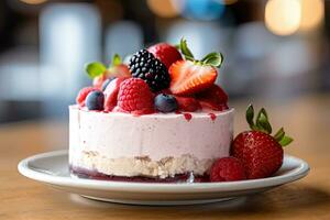 skiva av jordgubb cheesecake på en tallrik, ai genererad foto