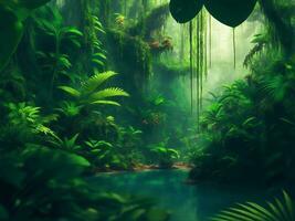 grön vacker djungel bakgrund, generativ ai illustration. foto