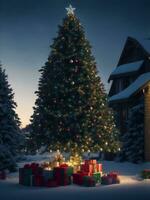 glad jul med jul träd, generativ ai illustration. foto
