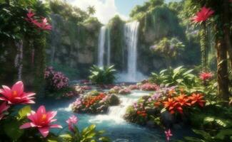 en vattenfall i skog med blomning blommor, generativ ai illustration. foto