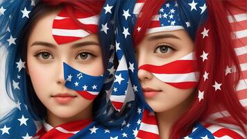 illustration av människor ansikten tillverkad ut av USA flagga färger, kopia Plats. ai genererad foto
