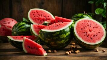 färsk skivad vattenmelon frukt på trä- bakgrund. ai genererad foto