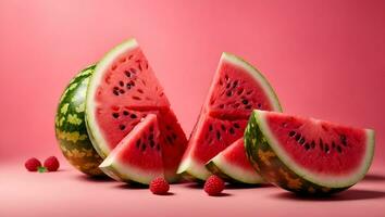 färgrik frukt bakgrund av färsk halv vattenmelon på rosa bakgrund. ai genererad foto