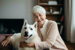 gammal kvinna leende med hund. generera ai foto