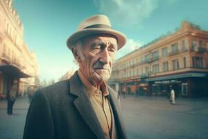 äldre herre gående stad ensam. generera ai foto