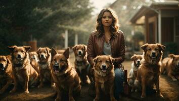 bild av kvinna med hundar. ai genererad foto