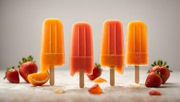 orange och jordgubb popsicles isolerat på vit bakgrund.. ai genererad foto