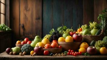 friska äter bakgrund. studio fotografi av annorlunda frukt och grönsaker på gammal trä- tabell. ai genererad foto