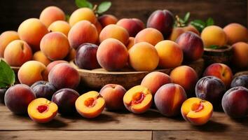 färsk frukter. aprikos, persika, plommon, nektariner. på en trä- bakgrund. topp se. fri Plats för din. ai genererad foto
