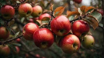 röd äpplen på äpple frukt träd grenar. ai genererad foto